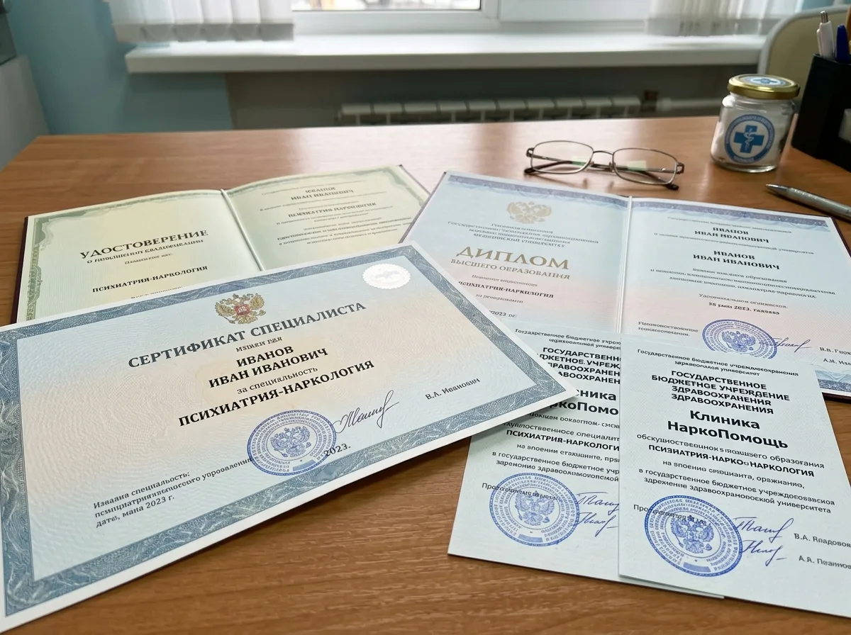 Сертификаты специалистов по психиатрии-наркологии клиники НаркоПомощь, дипломы врачей, официальные документы о квалификации