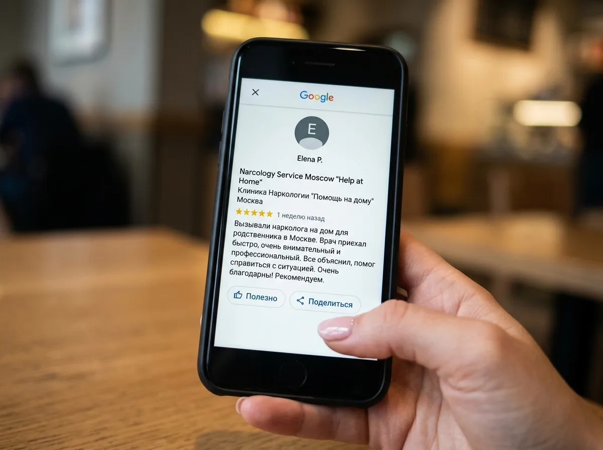 Фото пользователя Елена П., отзыв на Google о вызове нарколога на дом в Москве