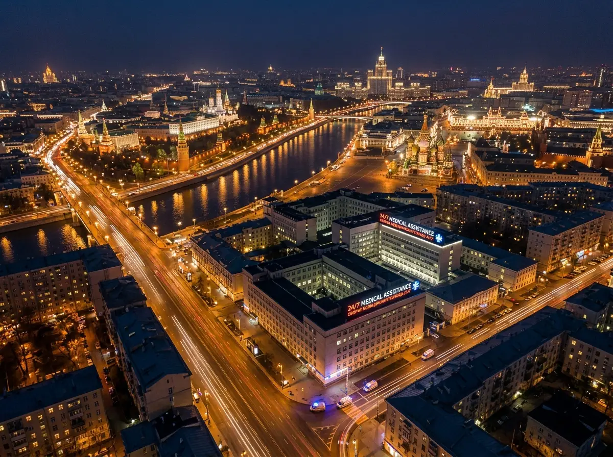Ночная Москва, вид сверху, тёплое городское освещение, медицинская помощь круглосуточно